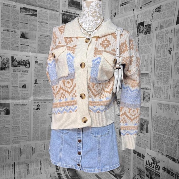 Vintage Inspired Cozy Knit Button Up Cardigan Sweater Boho Cottagecore Y2K Aztec - Picture 1 of 8